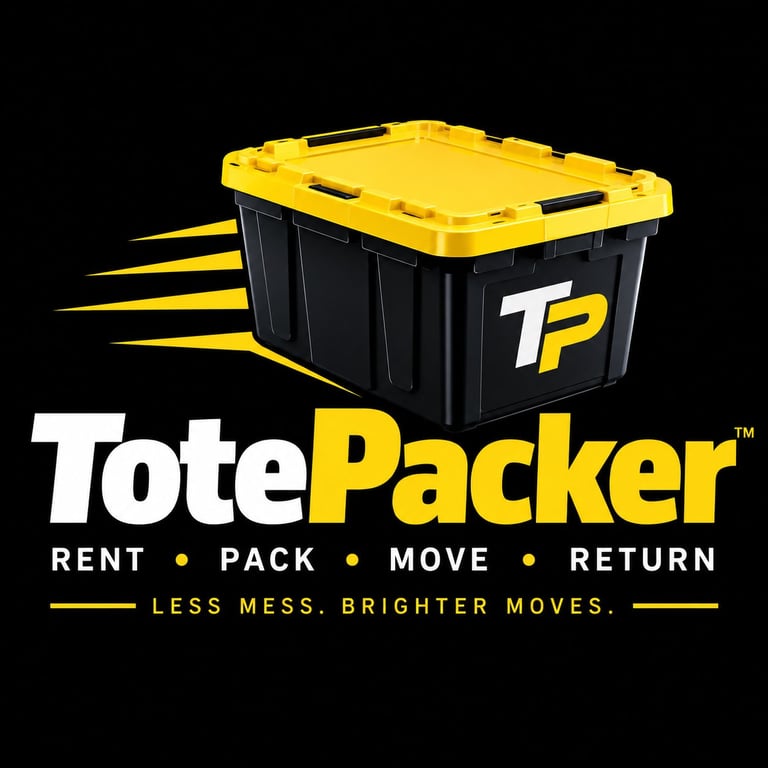 TotePacker logo featuring yellow and black storage container with tagline Rent Pack Move Return