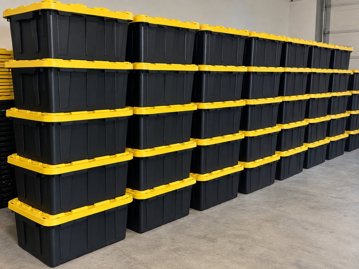 Rows of black and yellow plastic storage bins stacked on shelves in an industrial warehouse setting.